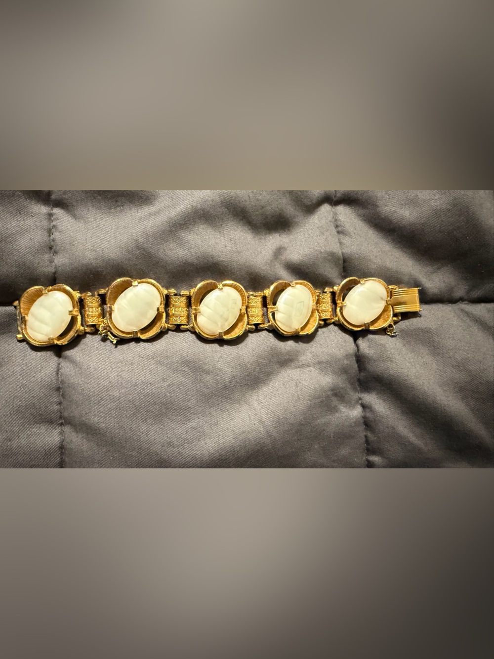 Vintage Gold Tone Milky White Cabochon Statement Bracelet Ornate Chunky 8”
